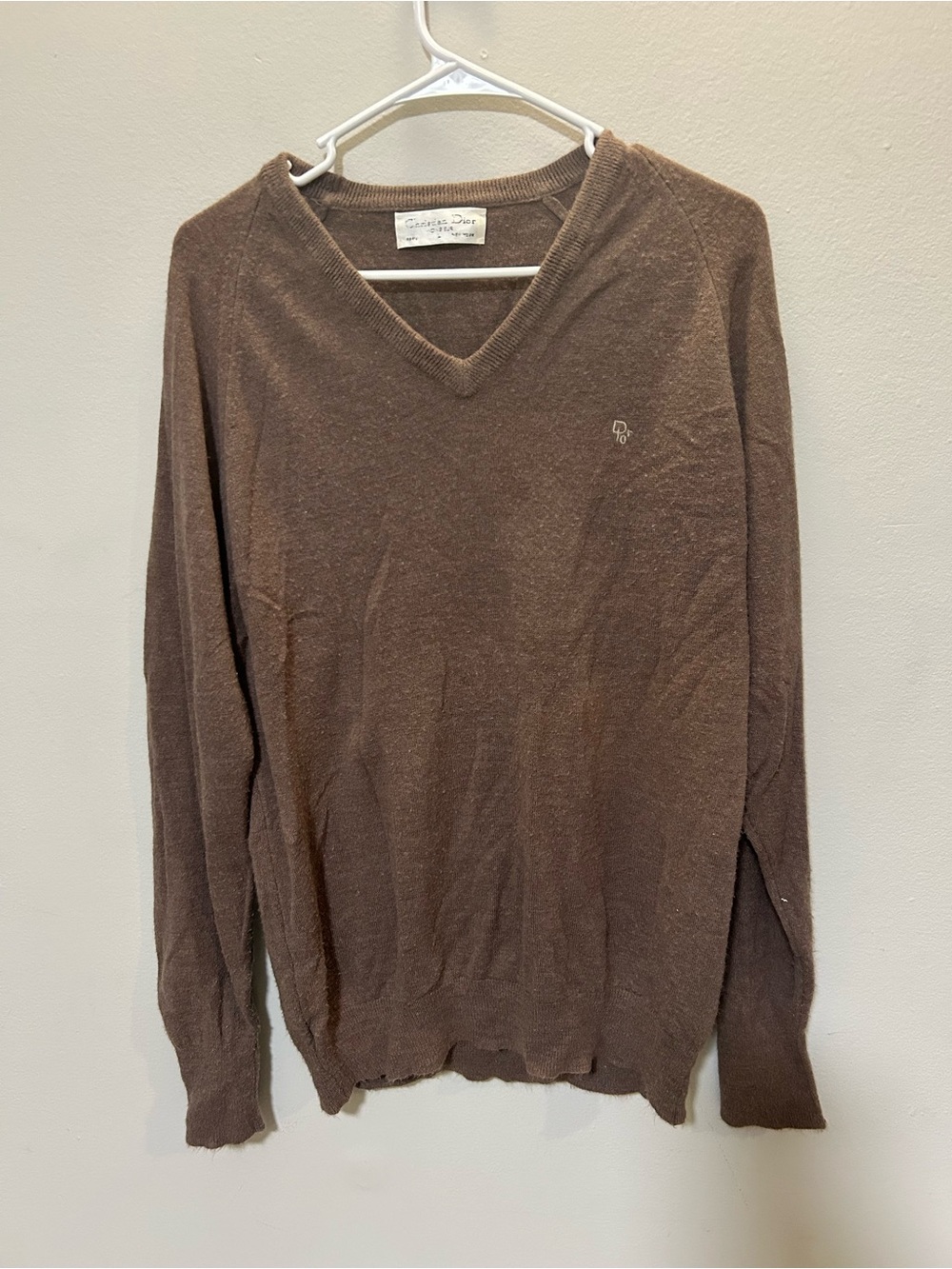 VintageChristian Dior Monsieur Brown V-Neck Orlon Sweater Embroidered Logo 0285